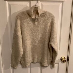 Anthropologie CREAM FLUFFY HALF ZIP MOCK NECK SWEATER